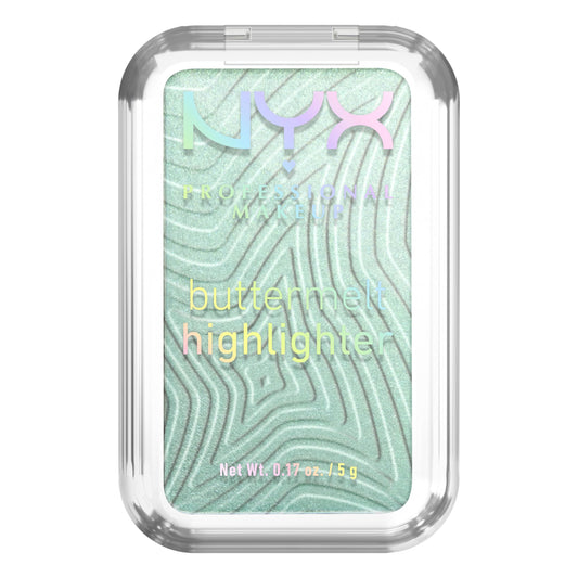 NYX PROFESSIONAL MAKEUP front pan of Buttermelt Butta Mint showing compact shimmer and brand