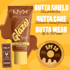 NYX PROFESSIONAL MAKEUP bottle with 07 Toffee Butta label illustrating shade match