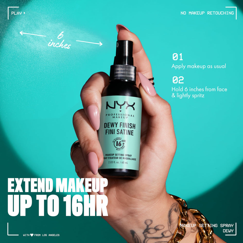 NYX PROFESSIONAL MAKEUP model receiving spray showing lasting makeup benefit