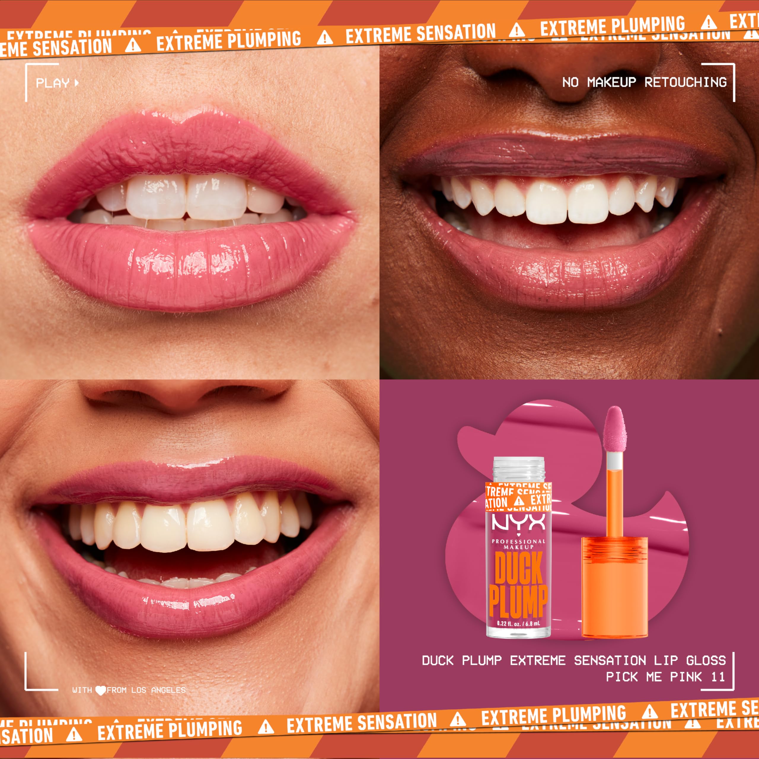 NYX PROFESSIONAL MAKEUP lip swatch on model illustrating plumping effect and high-shine finish benefit