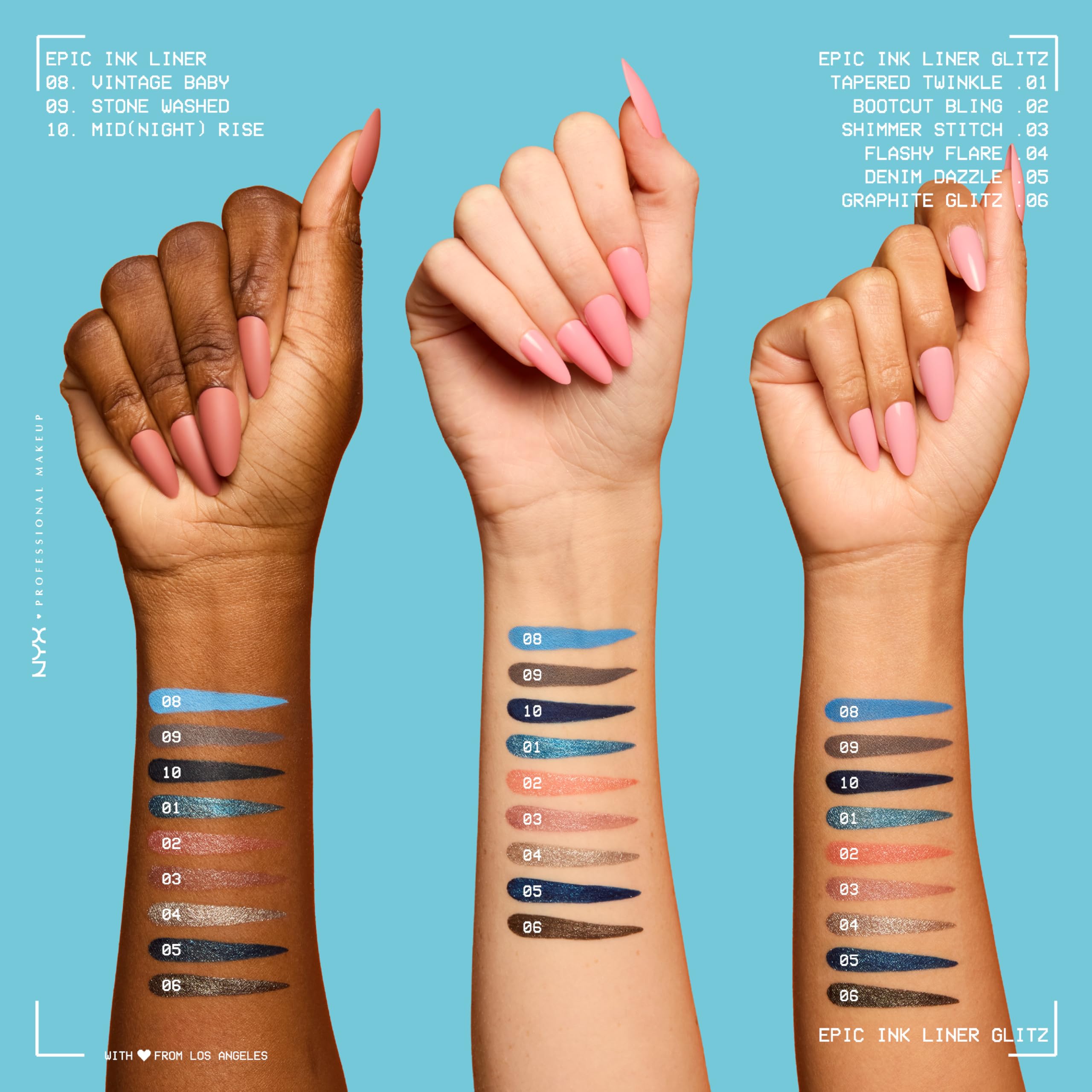 NYX PROFESSIONAL MAKEUP liner staged with eyeshadow palettes, shows complementary styling benefits