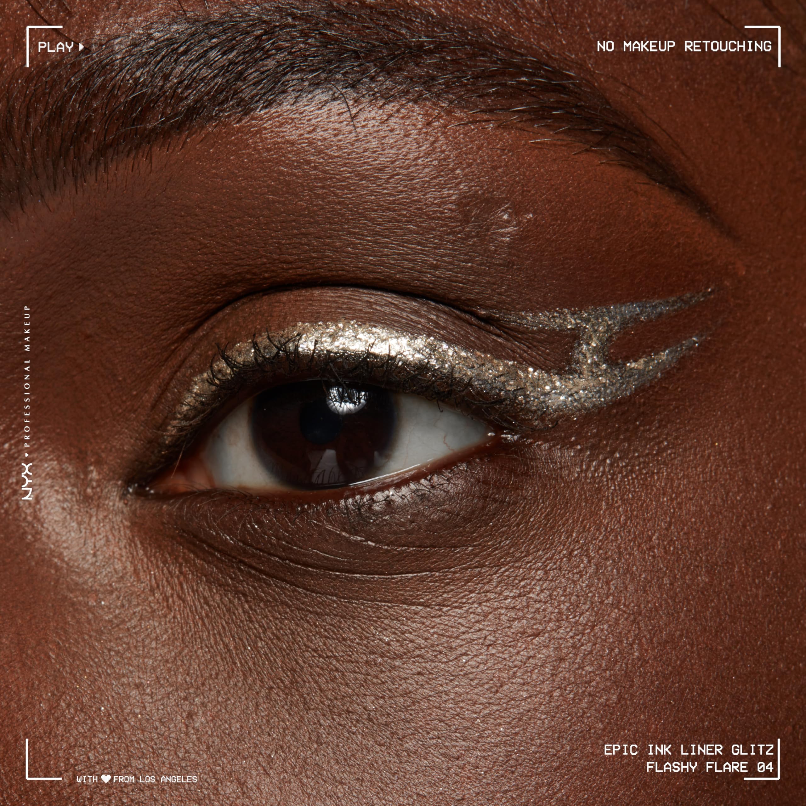 NYX PROFESSIONAL MAKEUP winged eyeliner look with Flashy Flare adding dramatic sparkle