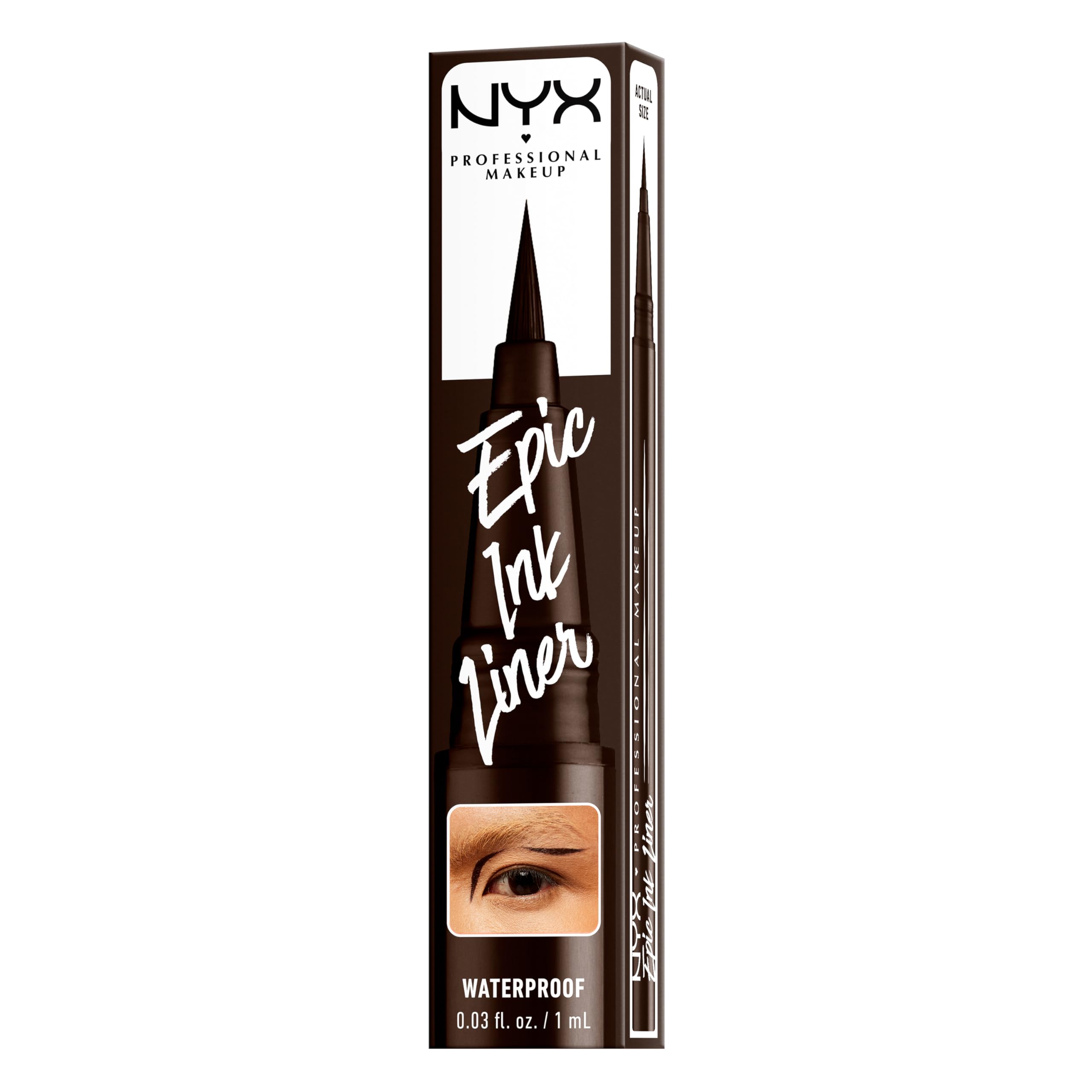 NYX PROFESSIONAL MAKEUP Epic Ink Liner next to coin illustrating compact portable size
