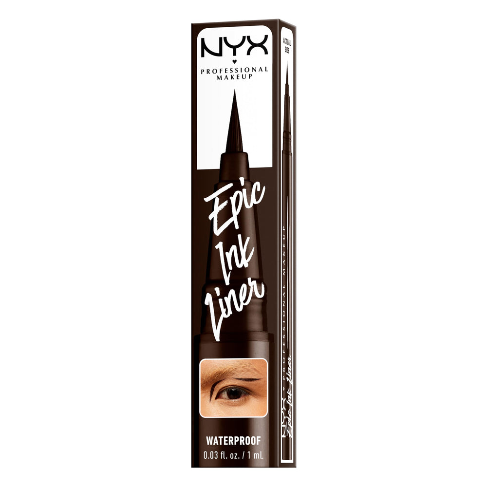 NYX PROFESSIONAL MAKEUP Epic Ink Liner next to coin illustrating compact portable size