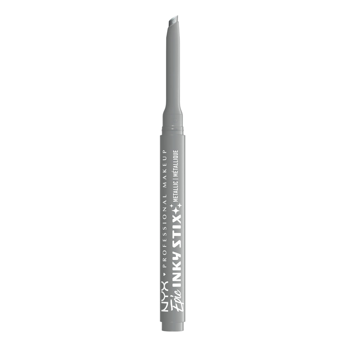 NYX PROFESSIONAL MAKEUP front view of Epic Inky Stix Silver showing sleek packaging and benefit of easy click application
