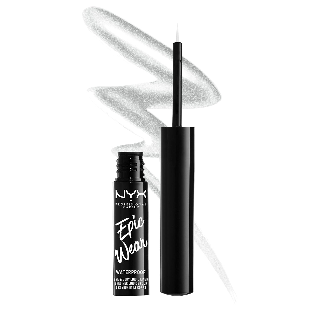 NYX PROFESSIONAL MAKEUP silver metal front packaging showing product and shade name with clear benefit