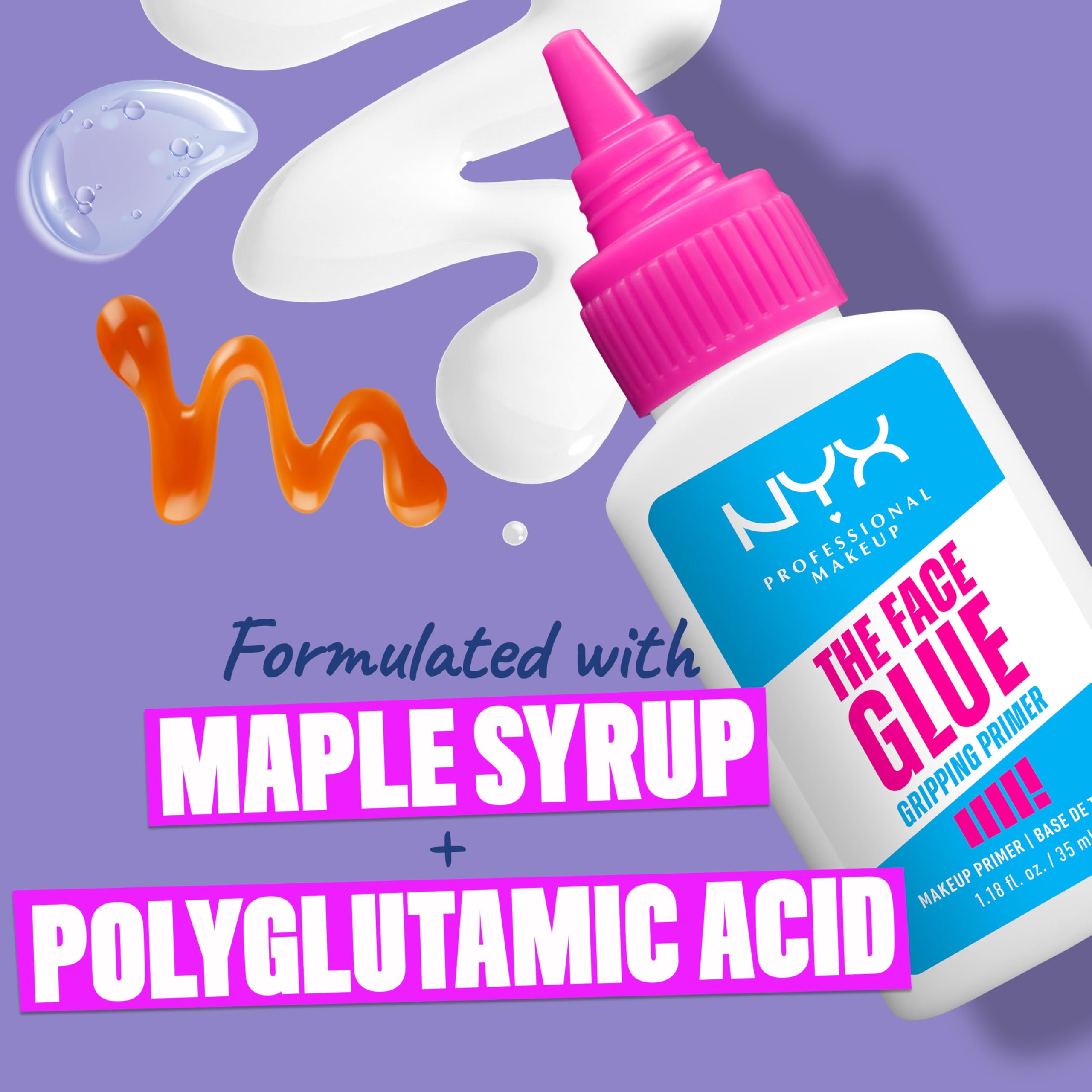 NYX The Face Glue with maple syrup visual highlighting natural adhesive benefit