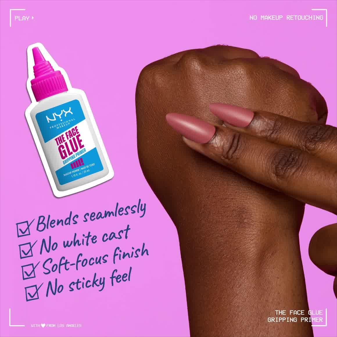 NYX The Face Glue before and after primed skin demonstrating longer wear benefits