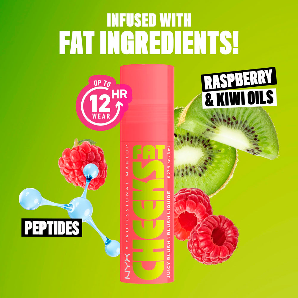 NYX Fat Cheeks bottle cap and label detail highlighting brand and easy dispensing