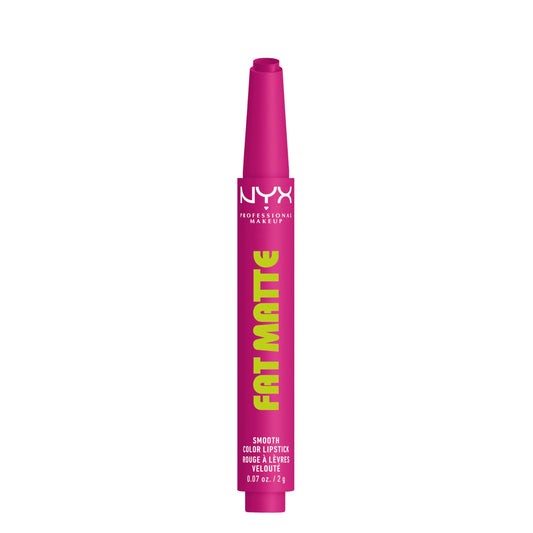 NYX PROFESSIONAL MAKEUP front packaging of Fat Matte Fluffy Fuchsia showing shade and crayon