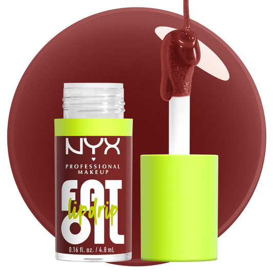 NYX PROFESSIONAL MAKEUP Fat Oil Lip Drip front view showing glossy Plum Brown