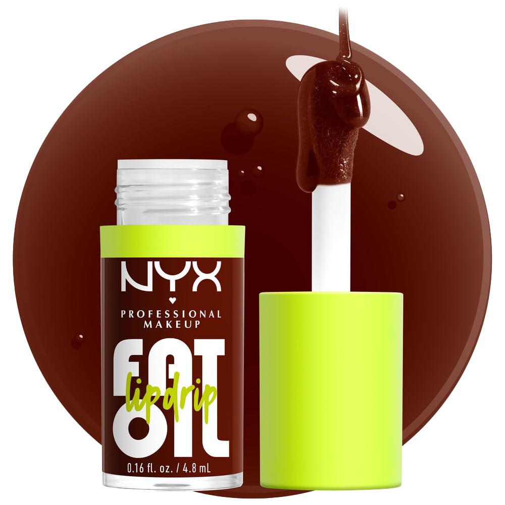 NYX Fat Oil Lip Drip front packaging showing rich chocolate shade and glossy finish benefit
