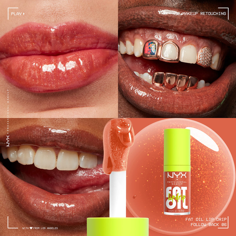 NYX PROFESSIONAL MAKEUP texture swipe of lip oil showing sheer shimmer and hydrating finish