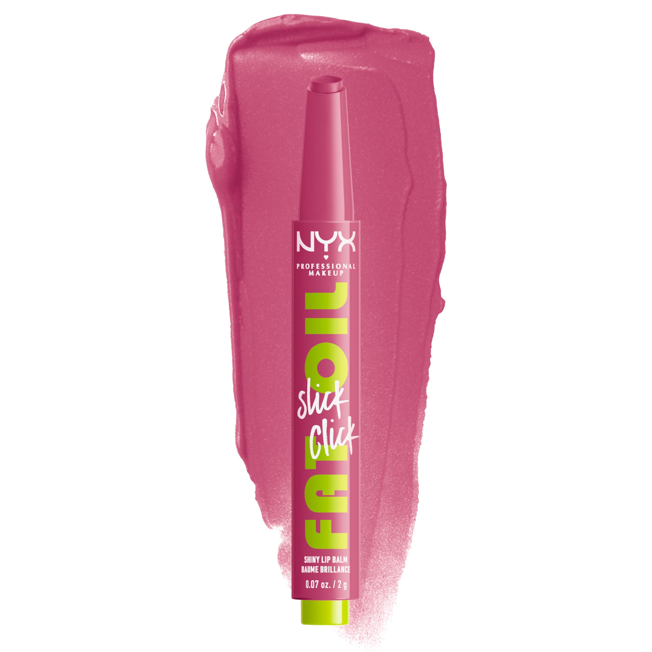NYX PROFESSIONAL MAKEUP front packaging of Fat Oil Slick Click showing sleek tube and shade label, convenient for quick touch-ups
