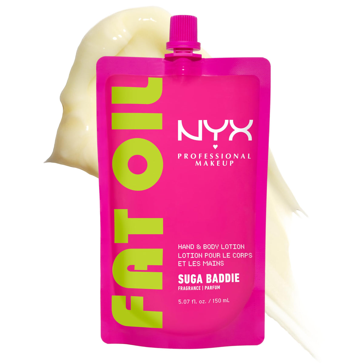 NYX PROFESSIONAL MAKEUP front pouch showing Suga Baddie scent and travel-ready convenience