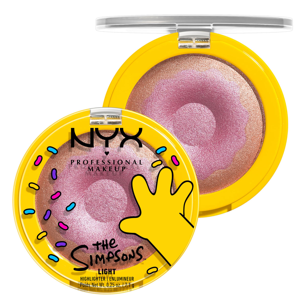 NYX PROFESSIONAL MAKEUP front view of Homer Donut Highlighter showcasing rose-gold shimmer benefit