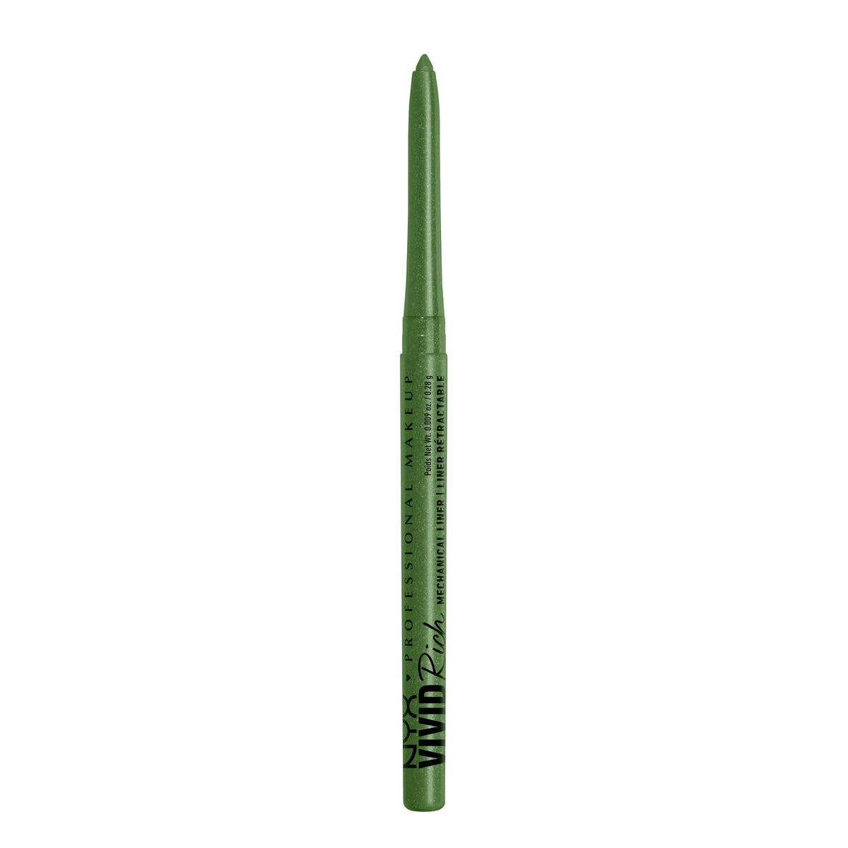 NYX PROFESSIONAL MAKEUP front view showing sleek olive-green mechanical pencil, easy application