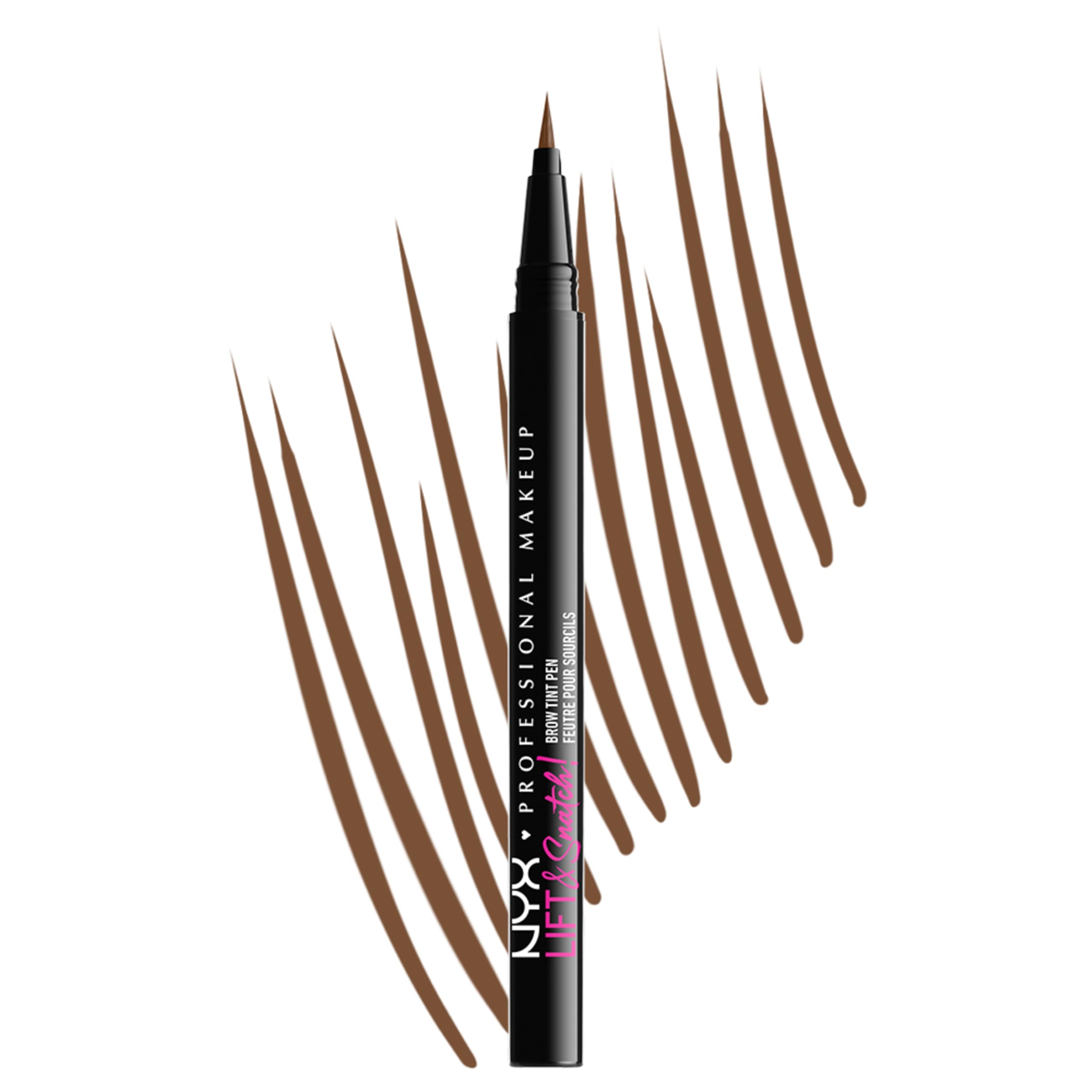 NYX PROFESSIONAL MAKEUP Lift & Snatch pen front view showing packaging and Caramel shade benefit