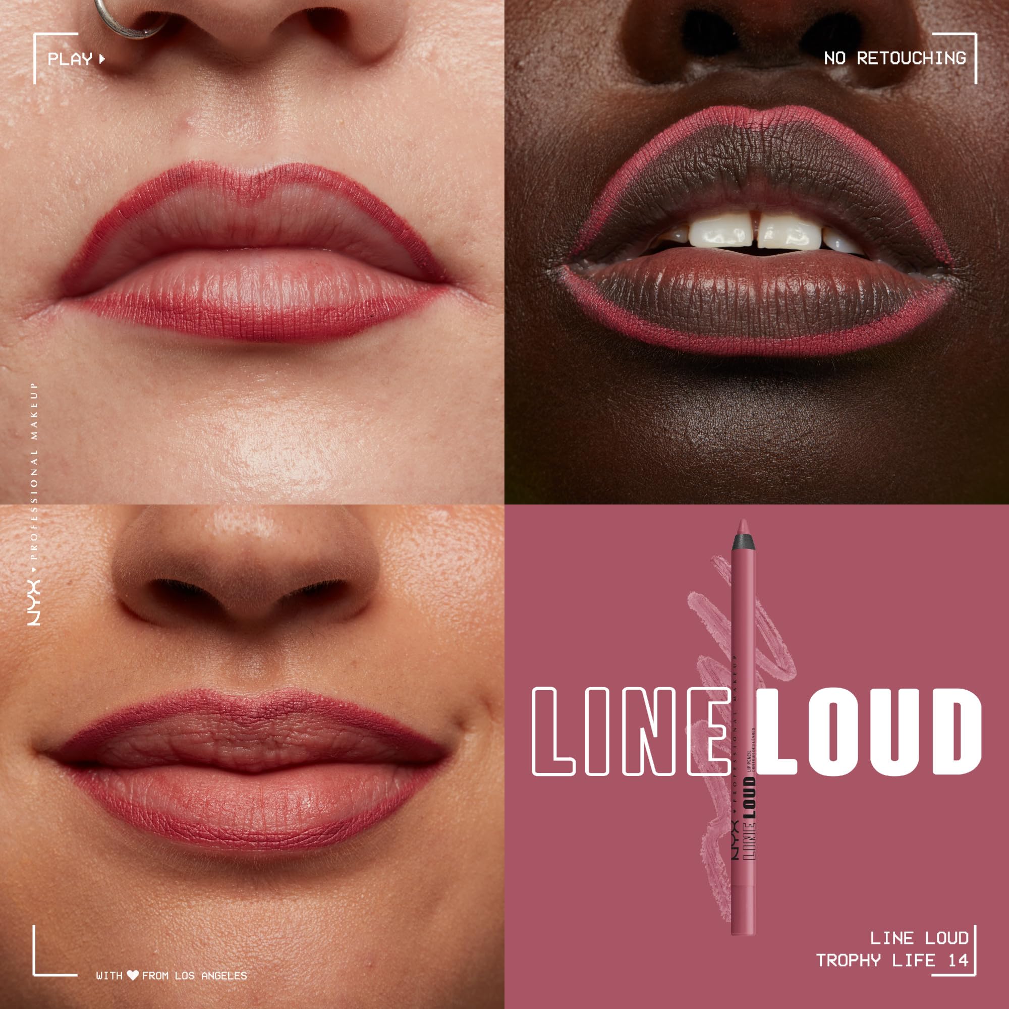 NYX PROFESSIONAL MAKEUP Trophy Life applied on lips in lifestyle shot demonstrating rich mauve-pink wear and defined shape