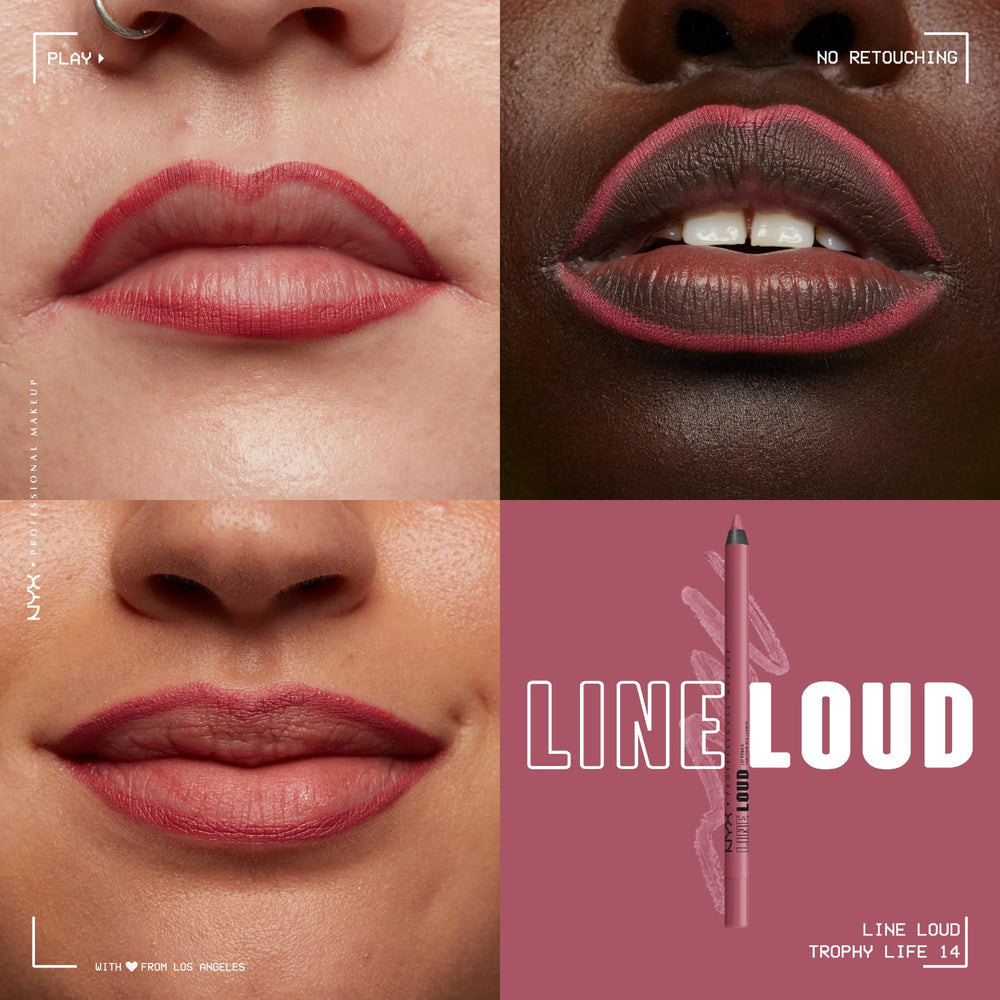 NYX PROFESSIONAL MAKEUP Trophy Life applied on lips in lifestyle shot demonstrating rich mauve-pink wear and defined shape