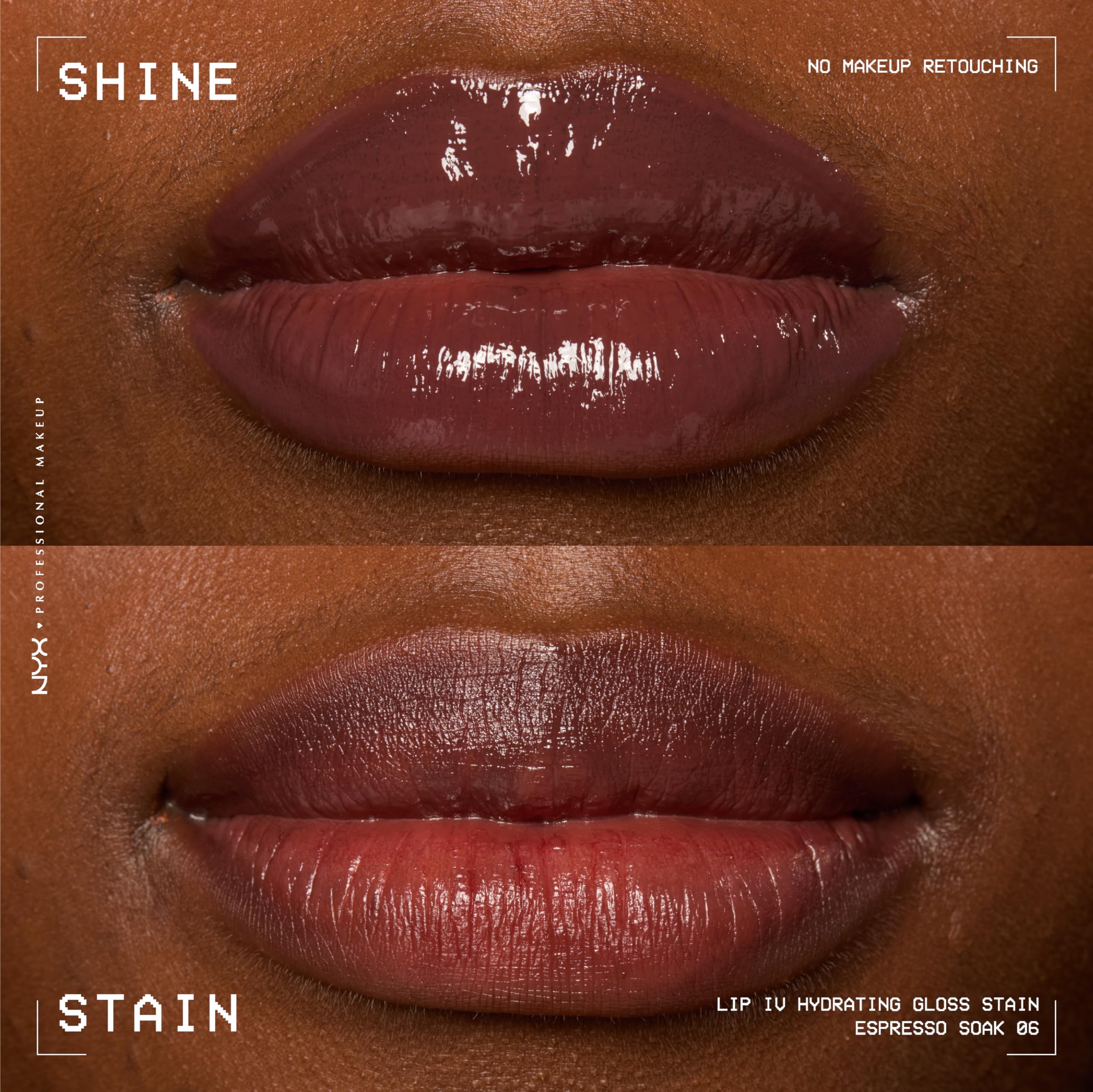 NYX PROFESSIONAL MAKEUP close-up on lips wearing Espresso Soak for rich brown stain