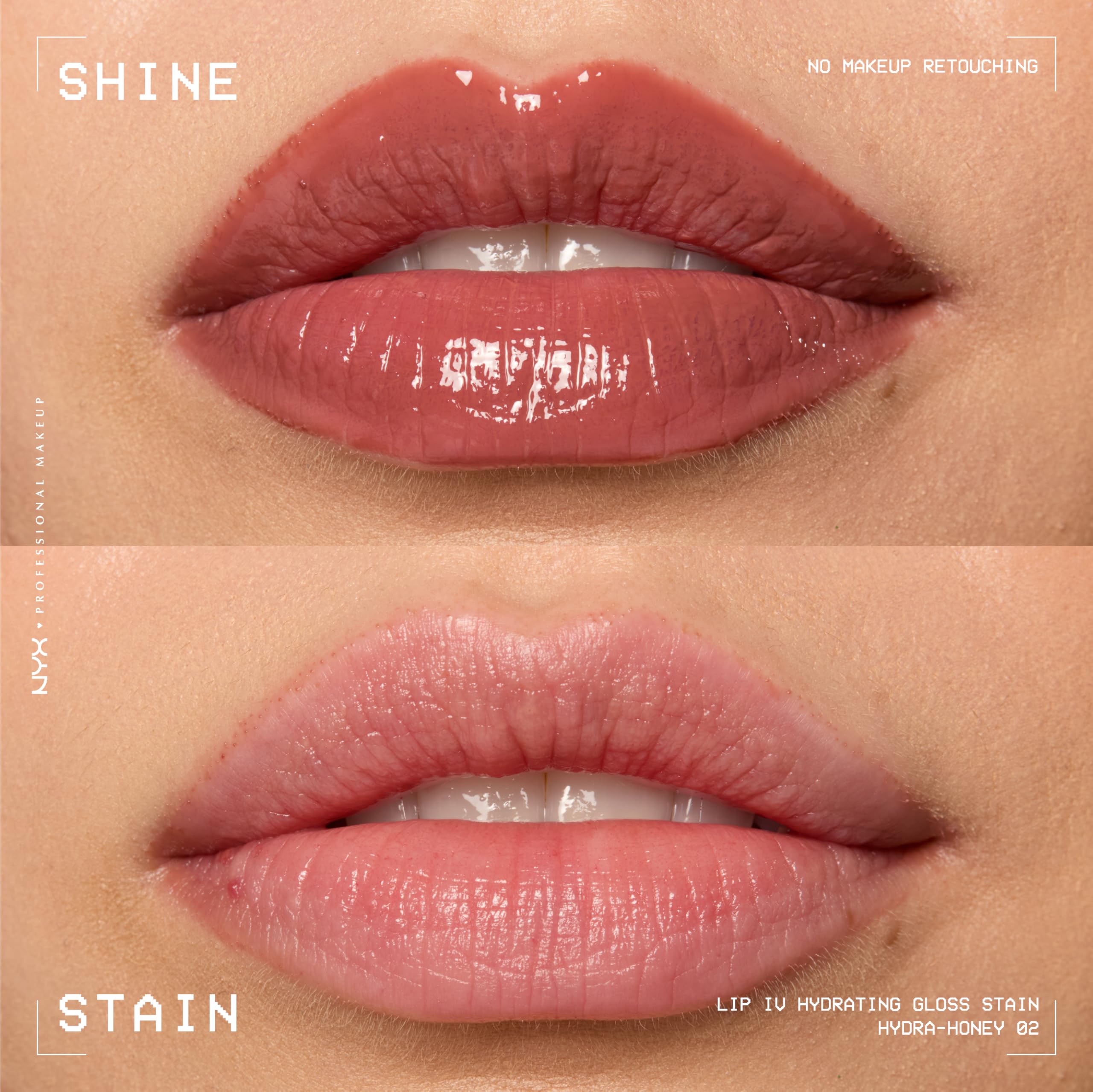 NYX Lip IV on model lifestyle shot showing natural glossy brown tint