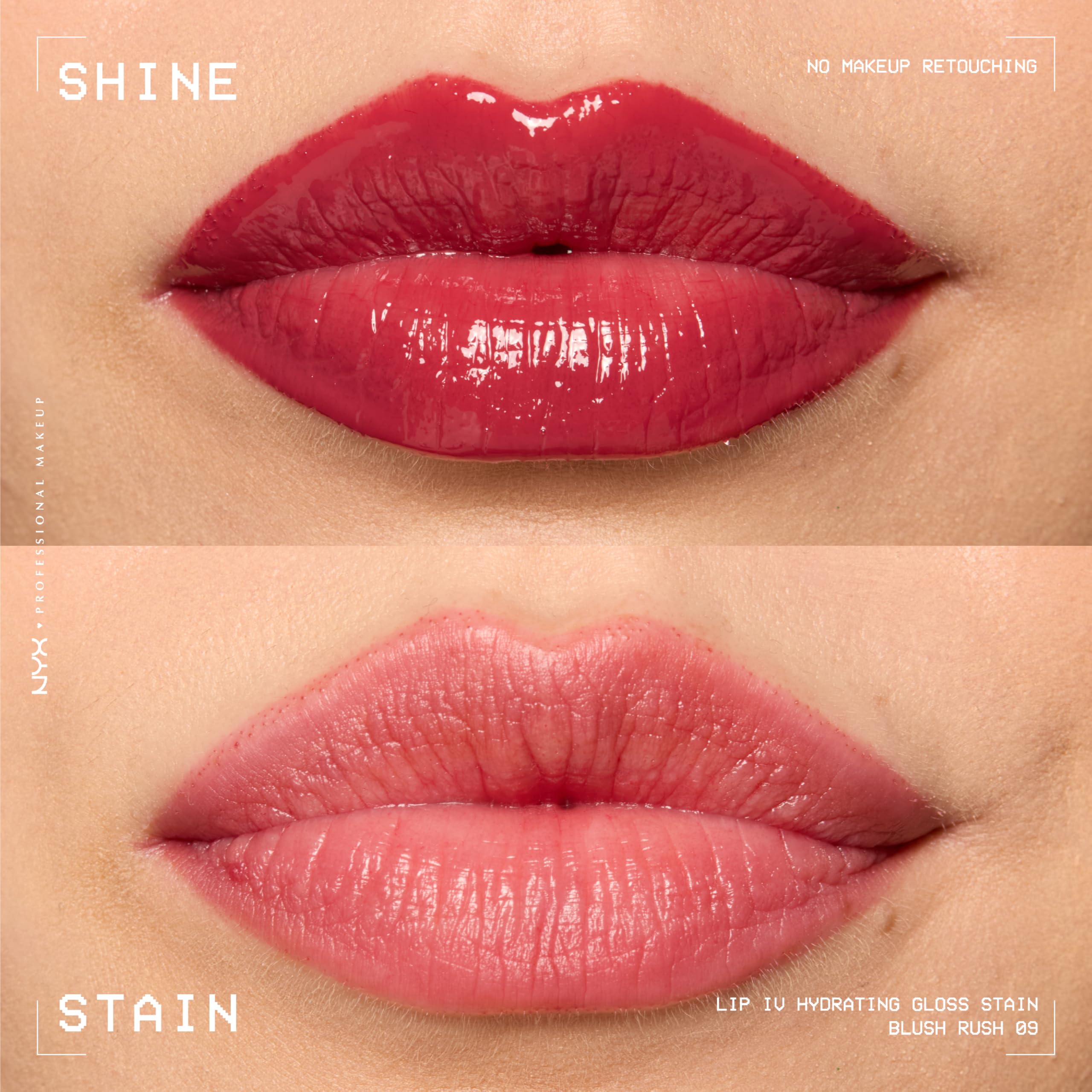 NYX PROFESSIONAL MAKEUP lips wearing Blush Rush showing instant wet shine benefit
