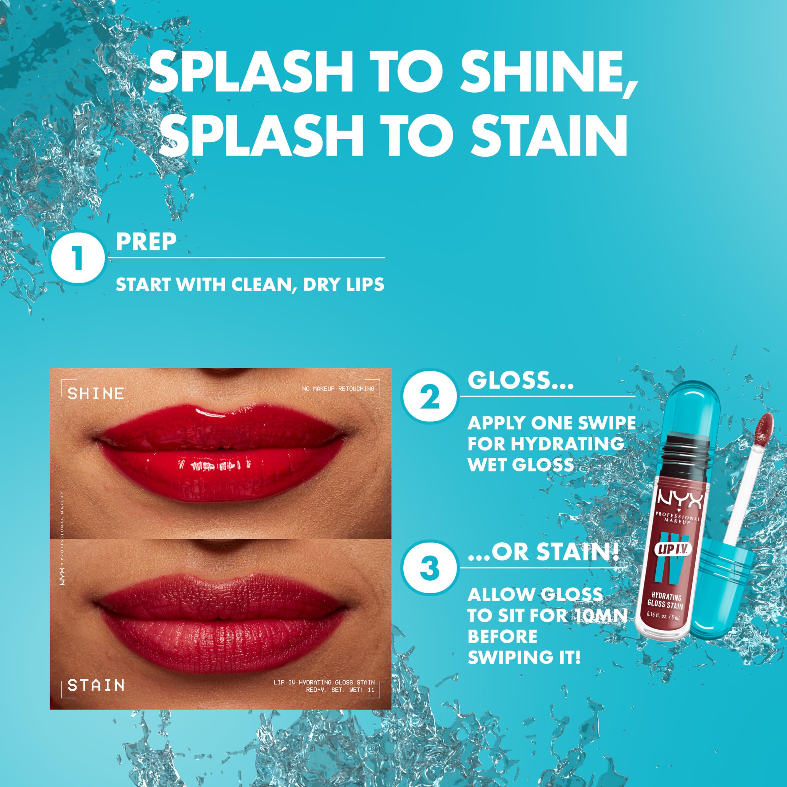 NYX Lip IV close-up on lips showing glossy finish and natural stained result