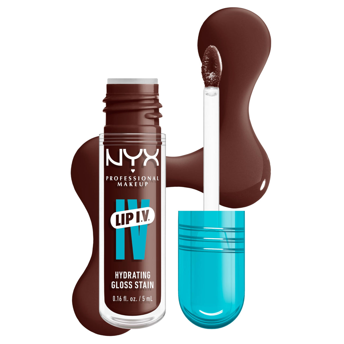 NYX PROFESSIONAL MAKEUP front packaging showing Mocha Me Wet glossy stain benefits