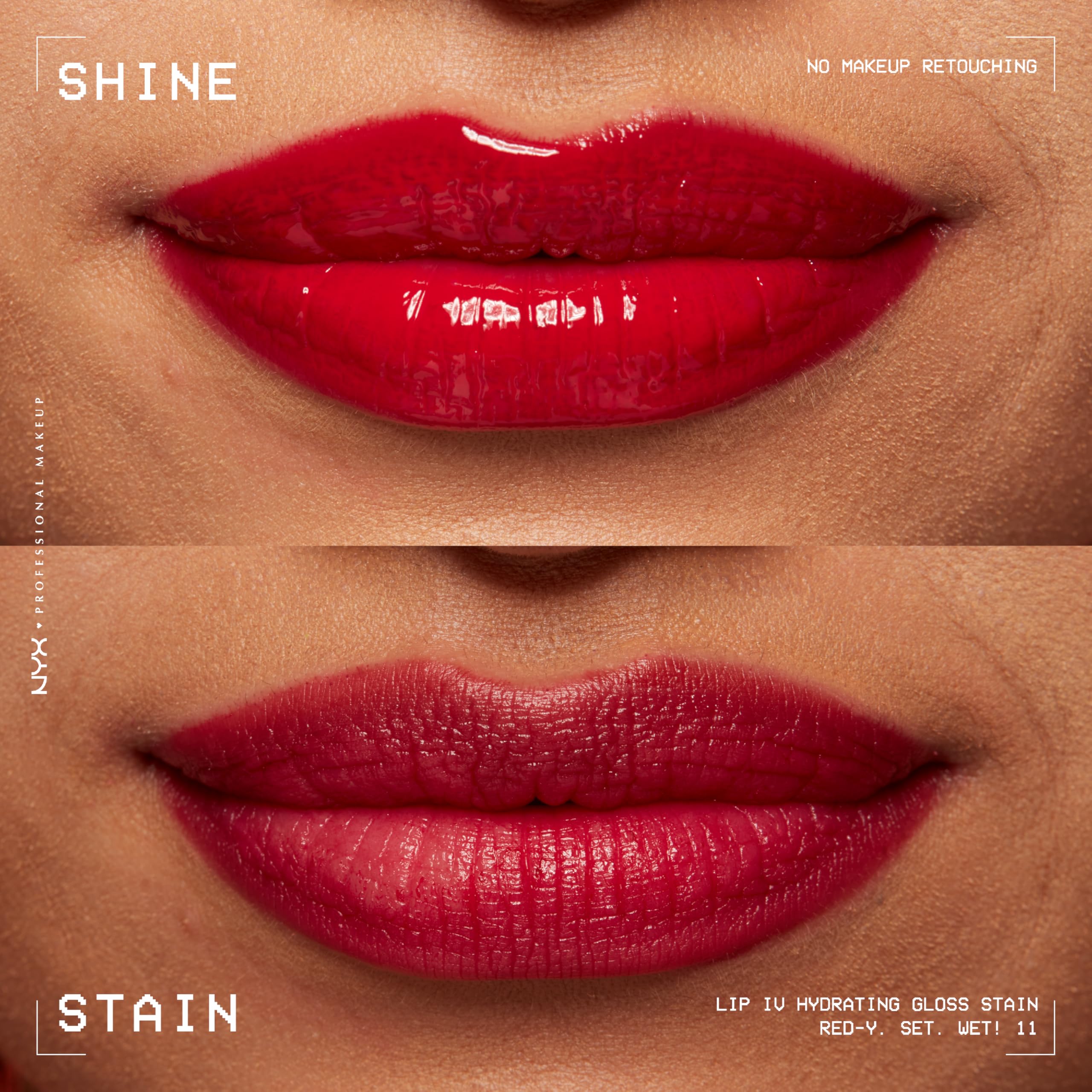 NYX lip IV on lips closeup in red shade showing vibrant glossy payoff benefit