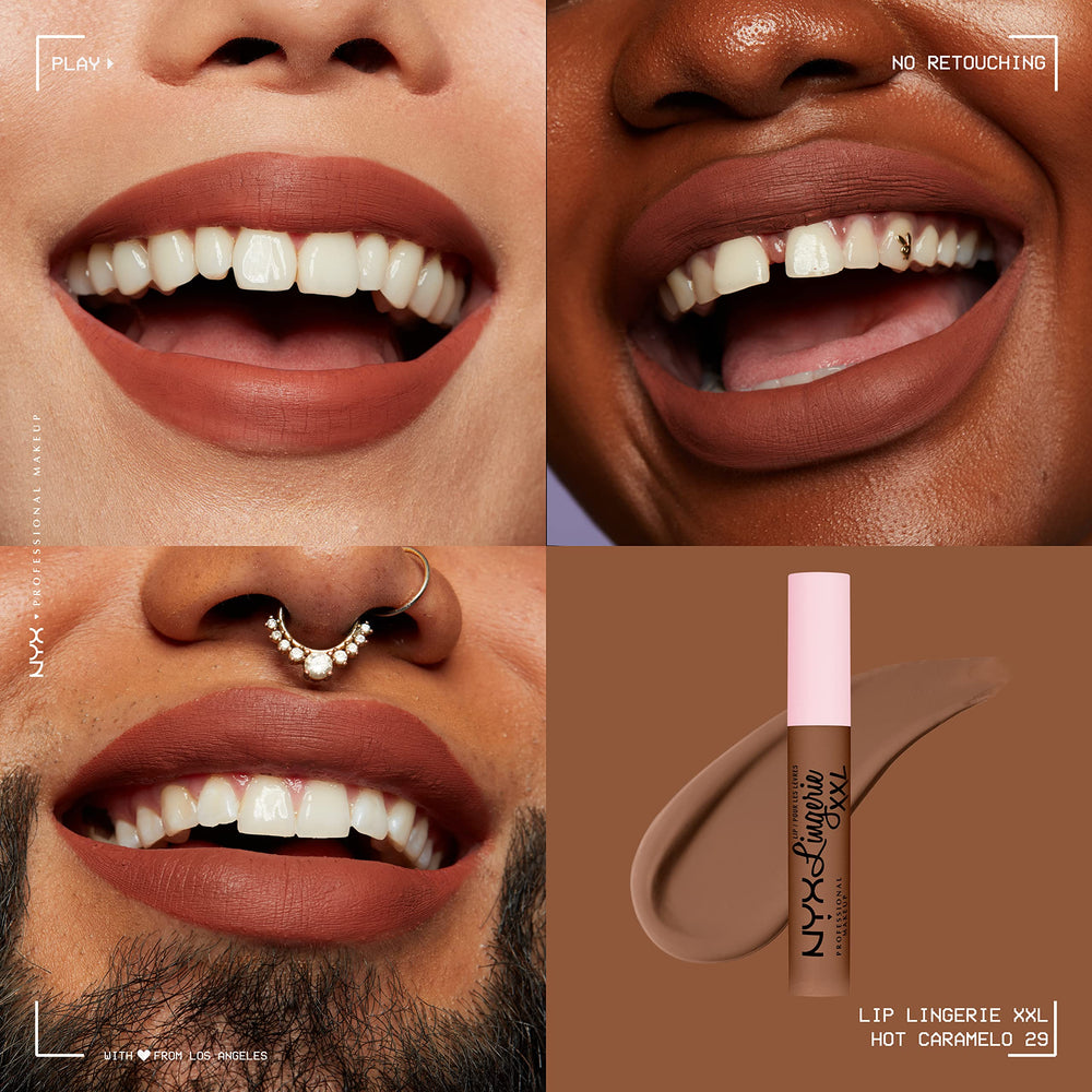 NYX PROFESSIONAL MAKEUP swatch on skin illustrating true Hot Caramelo color payoff