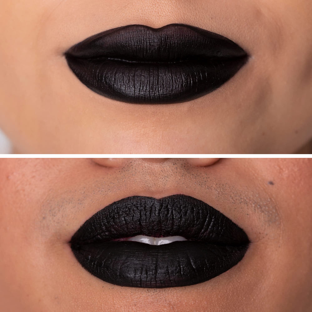 NYX PROFESSIONAL MAKEUP close-up of lips wearing Naughty Noir showing matte, full-coverage benefit