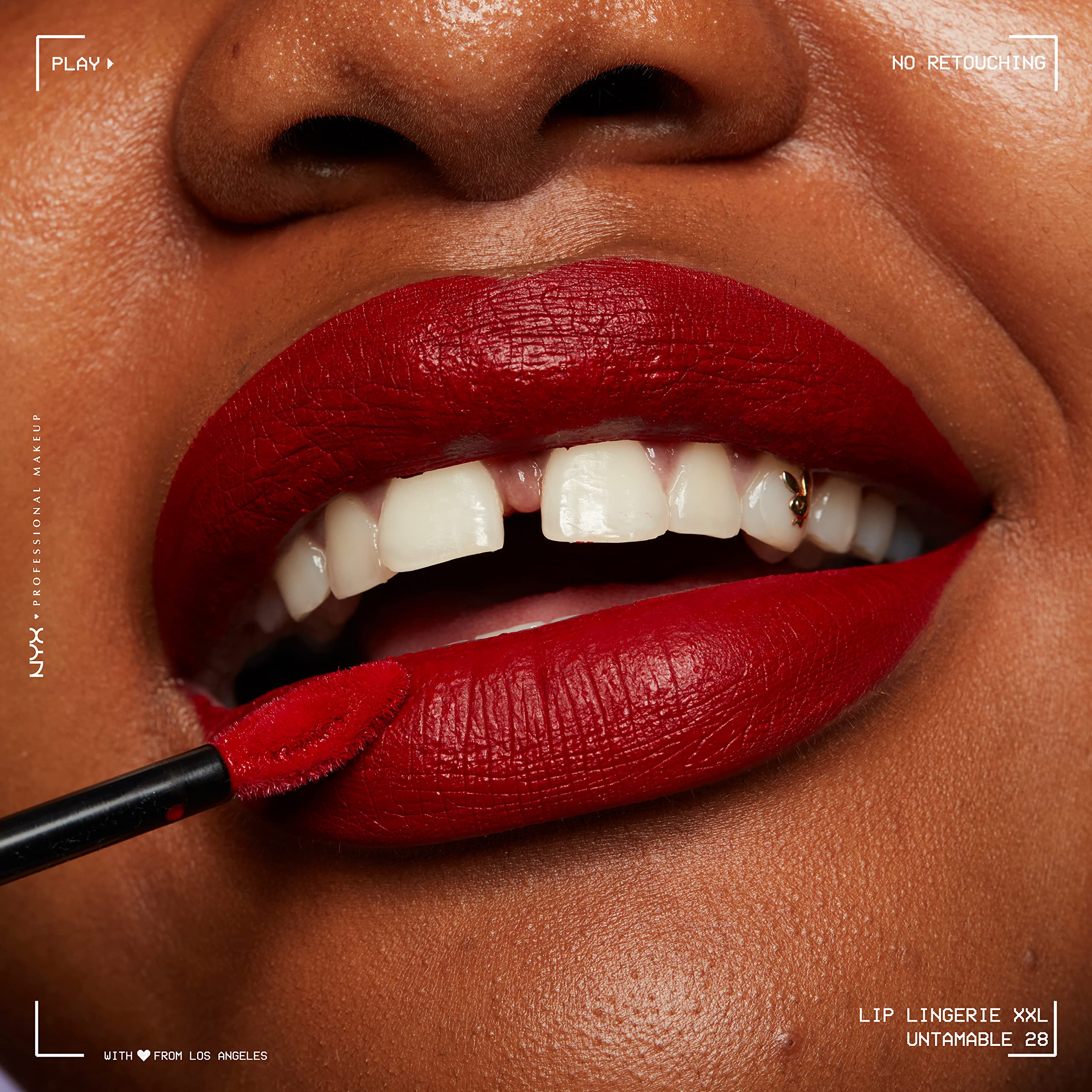 NYX PROFESSIONAL MAKEUP product label and cap close detail showing branding and shade name benefit: authenticity