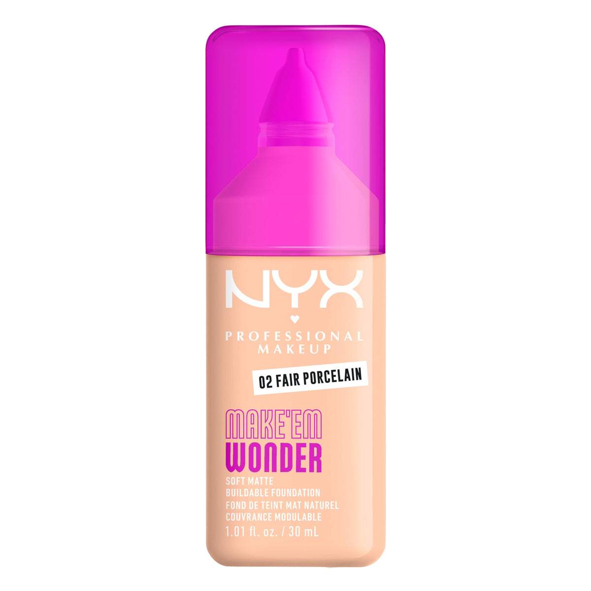 NYX PROFESSIONAL MAKEUP front packaging of Make 'Em Wonder in 02 Fair Porcelain showing label and bottle benefits