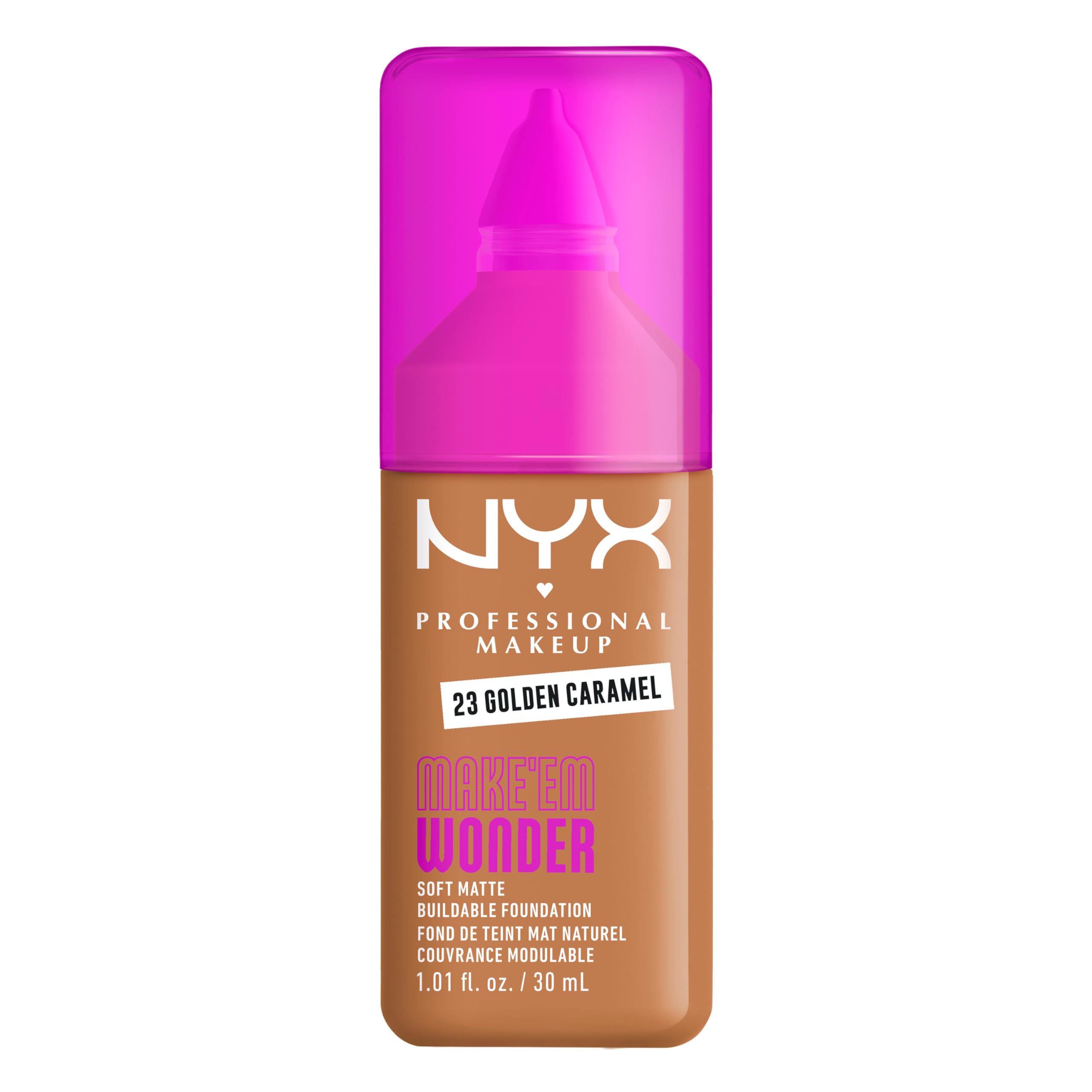 NYX PROFESSIONAL MAKEUP front packaging of Make 'Em Wonder in 23 Golden Caramel for shade identification