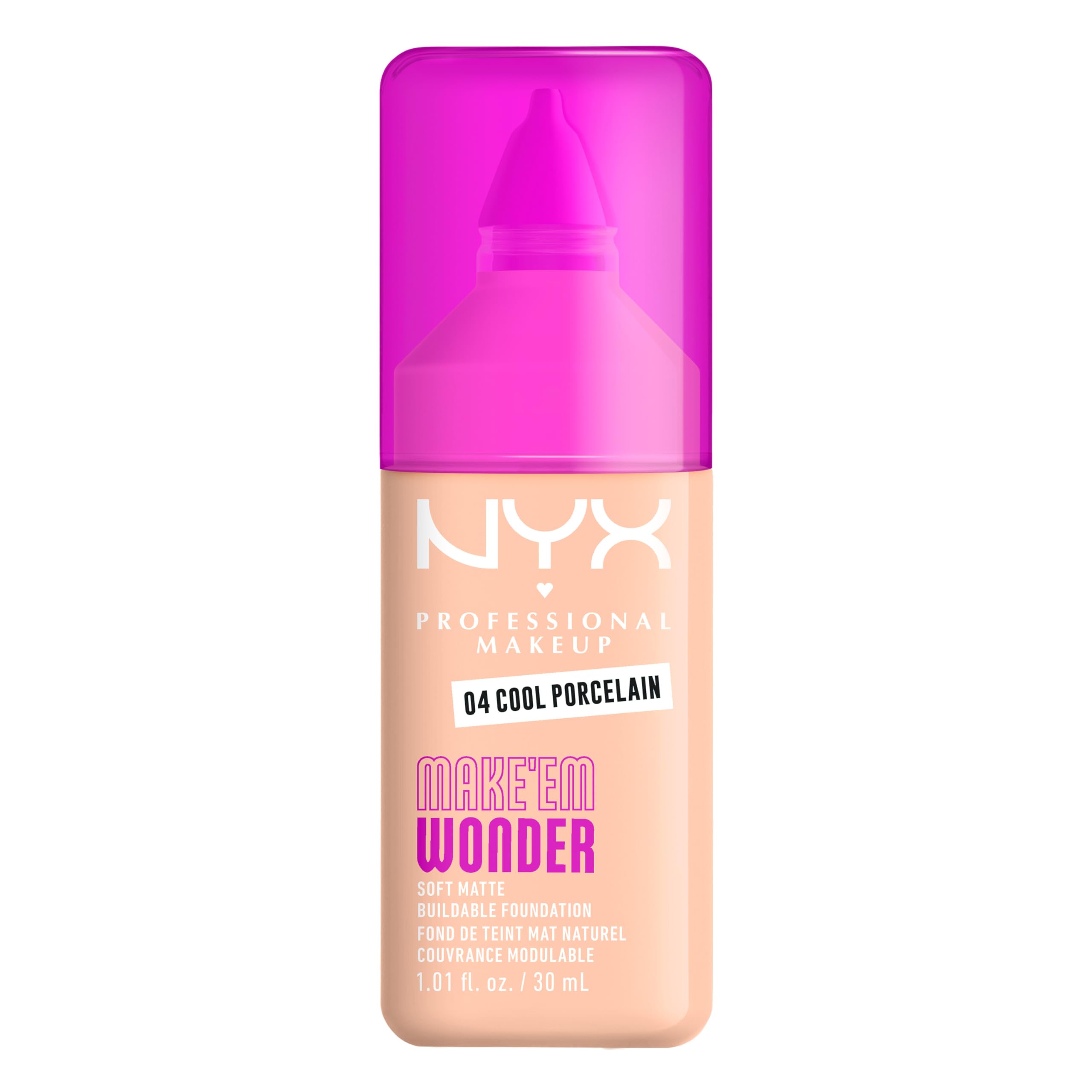 NYX PROFESSIONAL MAKEUP front packaging shows shade and claims, convenient for shoppers