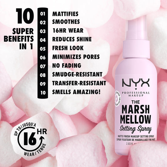 NYX PROFESSIONAL MAKEUP close-up of mist spray demonstrating even coverage benefit