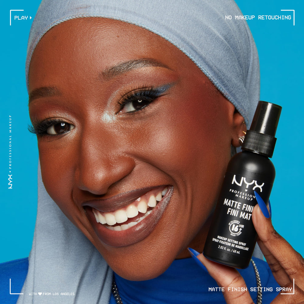 NYX PROFESSIONAL MAKEUP bottle beside makeup kit showing compatibility with foundations and powders