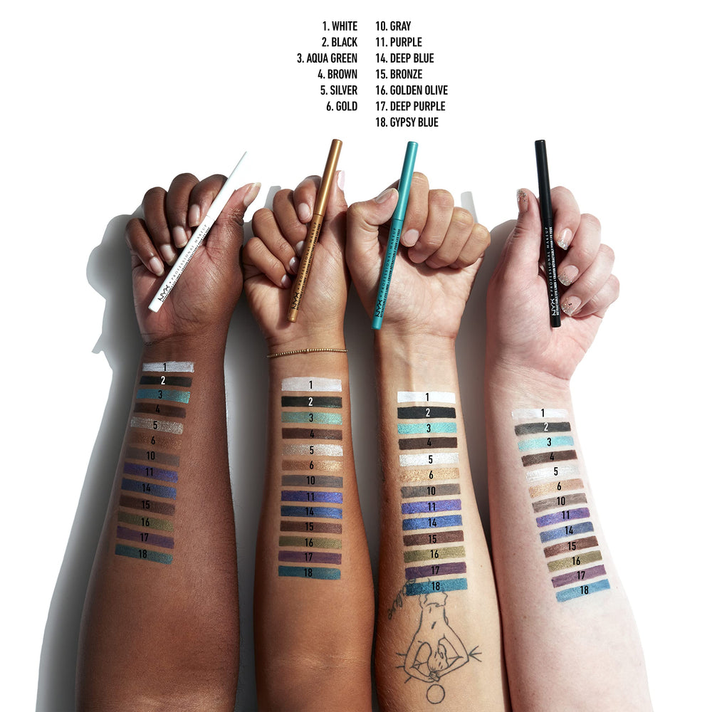 NYX PROFESSIONAL MAKEUP gold eyeliner packaging label showing shade name and travel-friendly format benefit