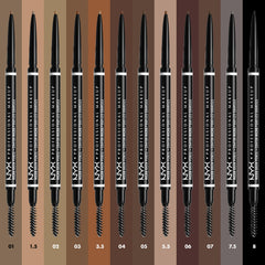 NYX PROFESSIONAL MAKEUP Micro Brow Pencil Chocolate swatch strokes on paper showing tone and water-resistant finish