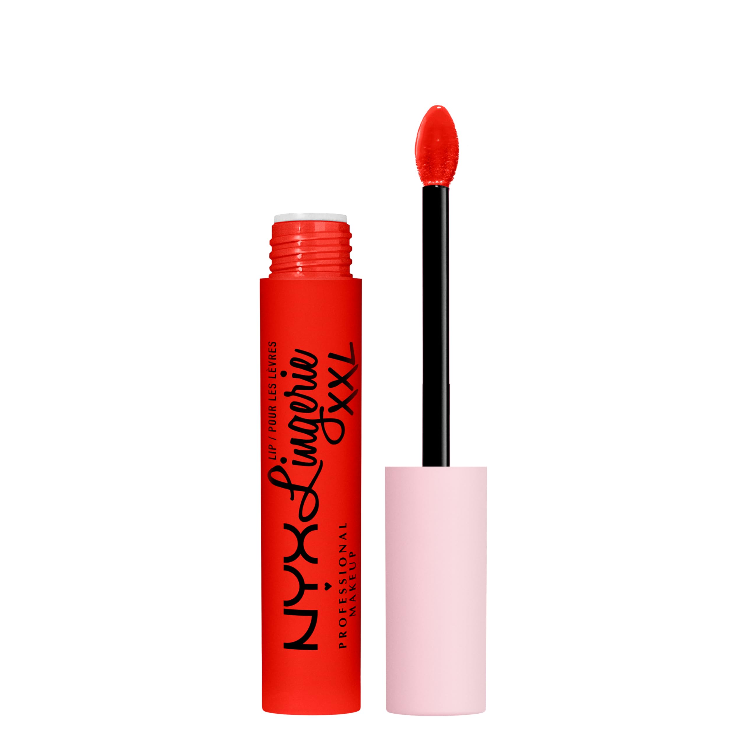 NYX PROFESSIONAL MAKEUP tube front view showing On Fuego vibrant red and branding benefit