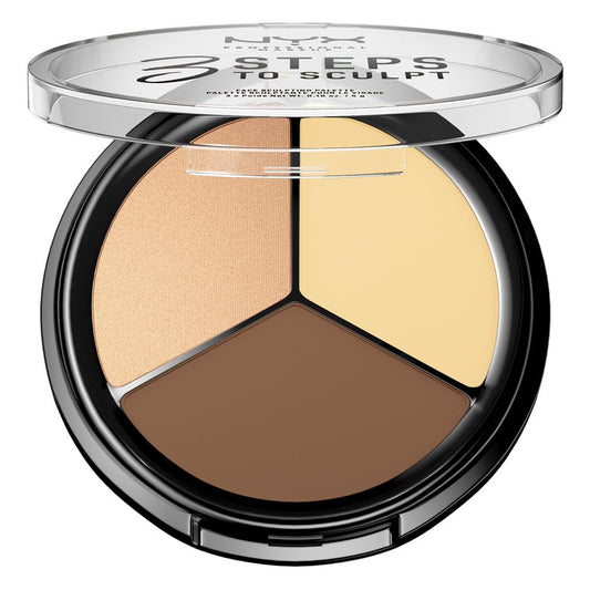 NYX PROFESSIONAL MAKEUP front view of 3 Steps to Sculpt palette showing three shades and clear layout for easy contouring