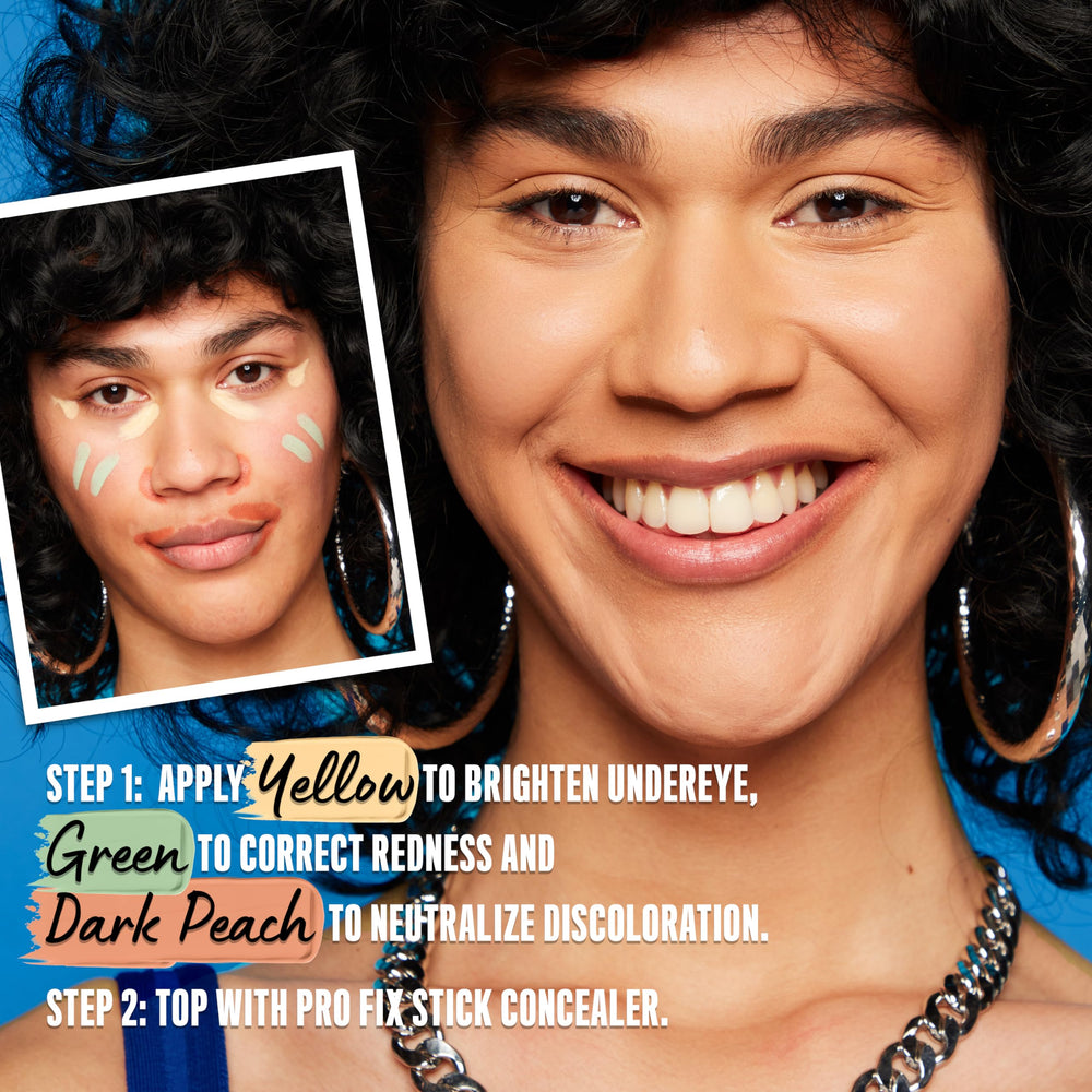 NYX Pro Fix Stick yellow surrounded by complexion shades for layering tips
