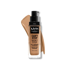 NYX PROFESSIONAL MAKEUP front bottle showing Camel shade and long-wear benefit