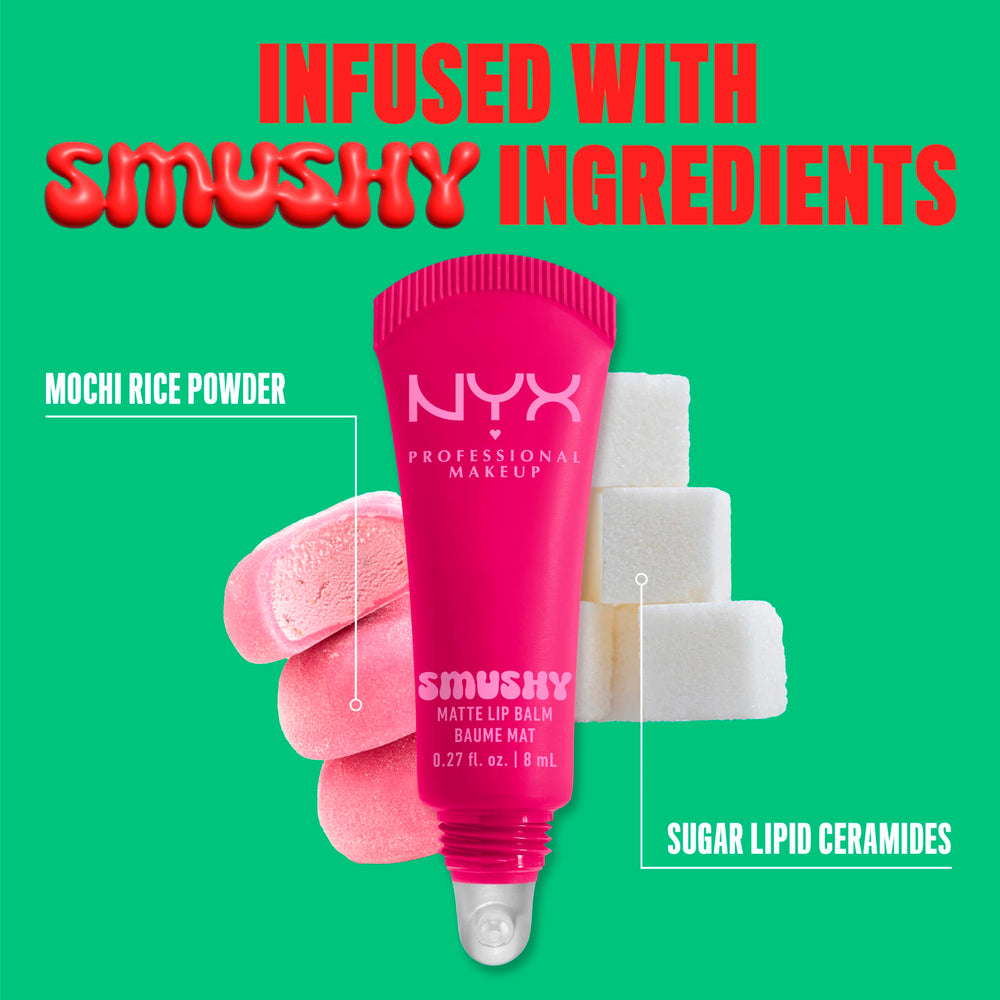 NYX Smushy Matte ingredients image featuring mochi rice powder and conditioning benefits