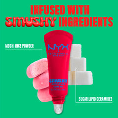 NYX Smushy Matte ingredients visual featuring mochi rice powder and sugar ceramides benefits