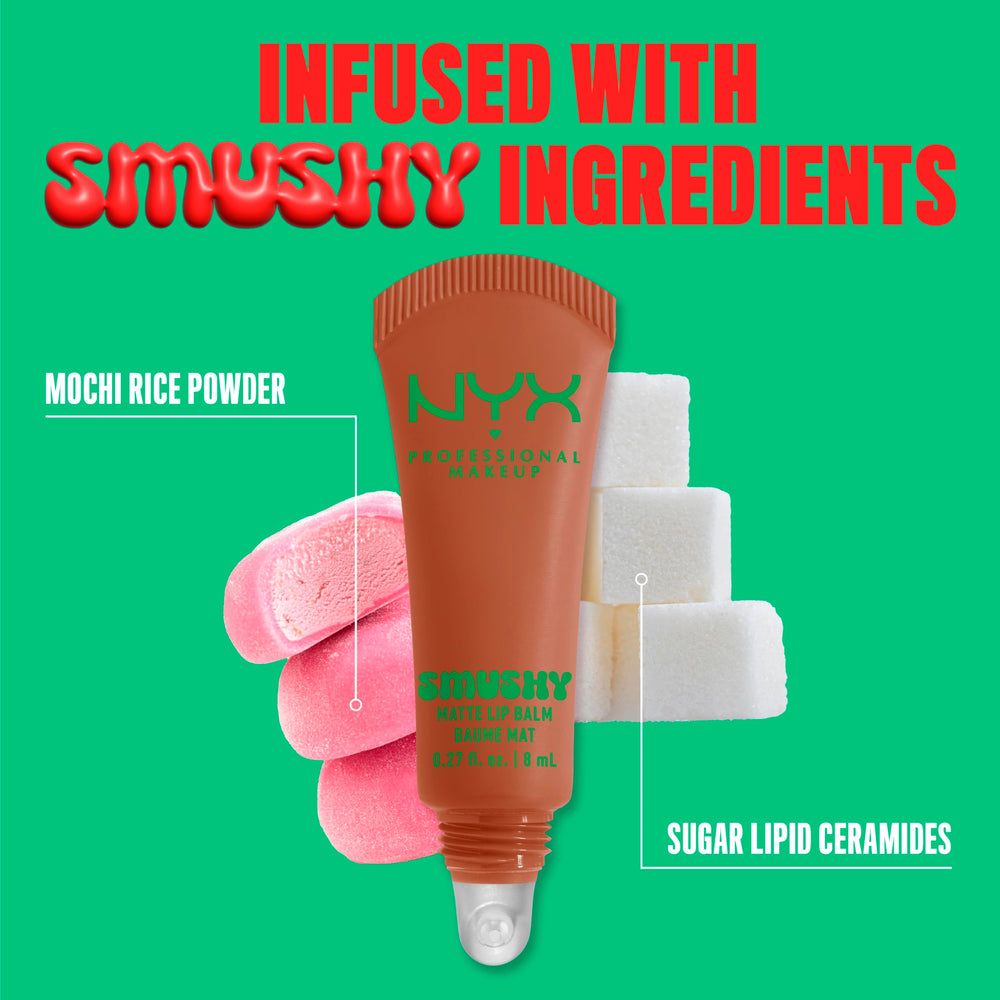 NYX Smushy Matte ingredients label detail showing vegan formula benefit