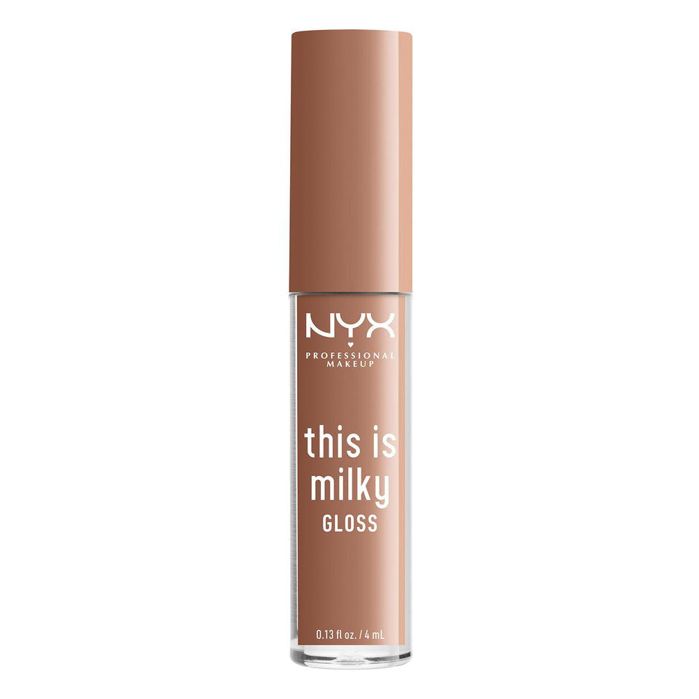 NYX gloss placed with milk-themed props conveying sweet vanilla scent benefit