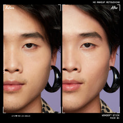 NYX PROFESSIONAL MAKEUP stick applied to cheek illustrating precise sculpting benefit