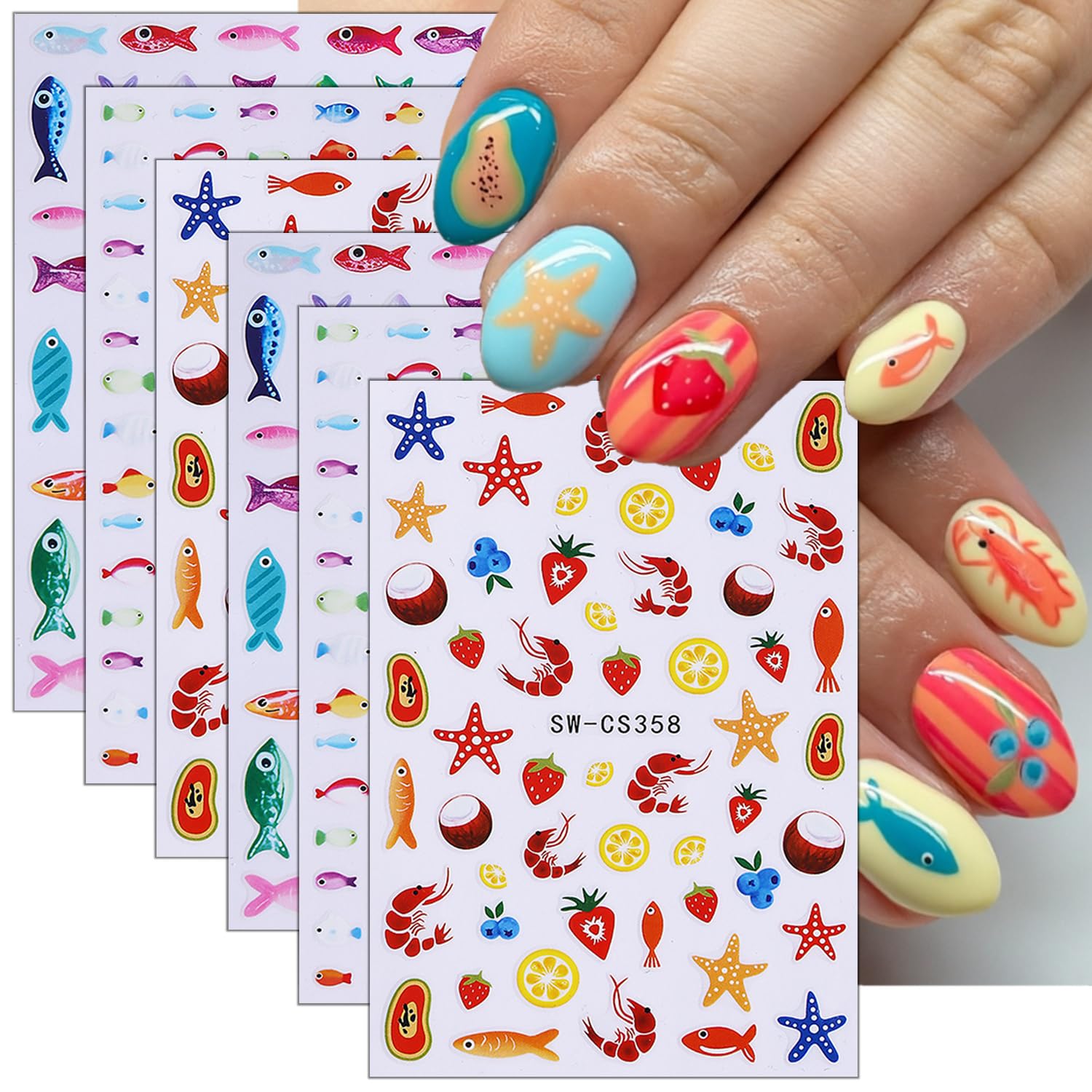 NZRAESTRS front packaging showing six marine-themed nail sticker sheets for easy styling